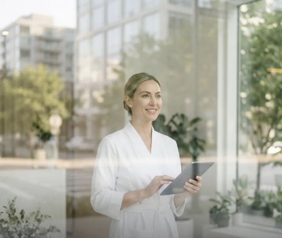 Med spa owner holding a tablet