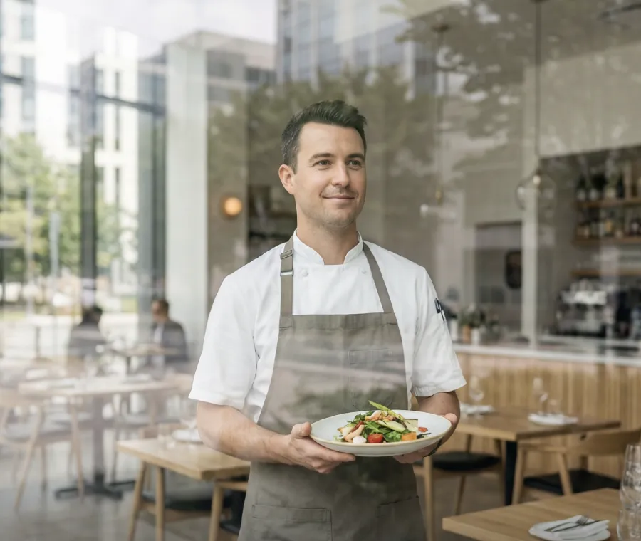 Restaurant owner holding a plate of food