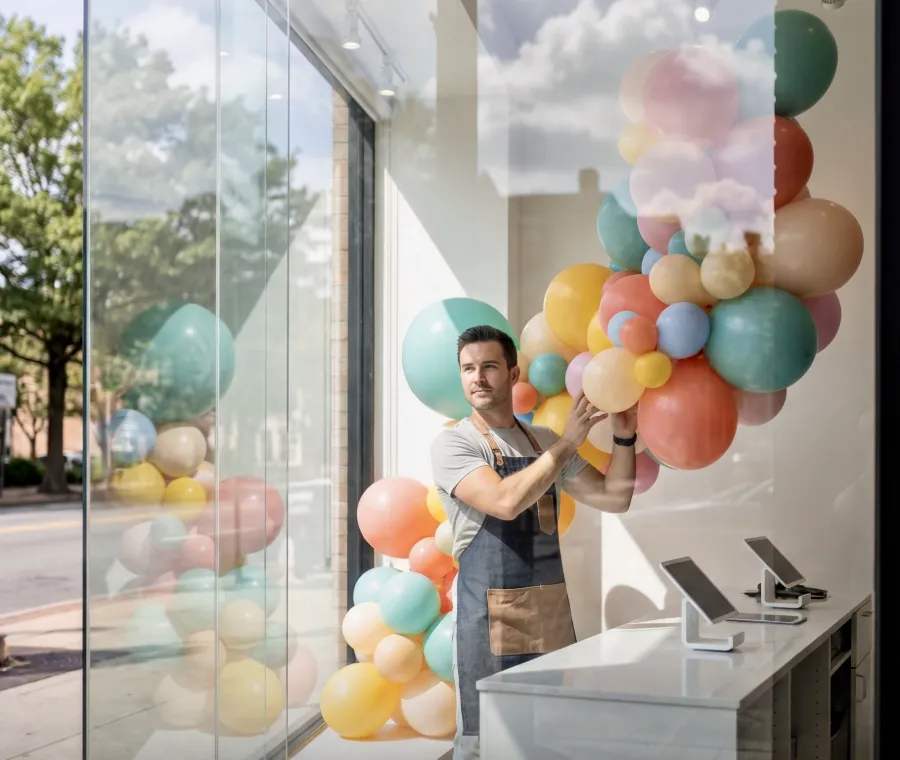 Shop owner decorating his window with balloons